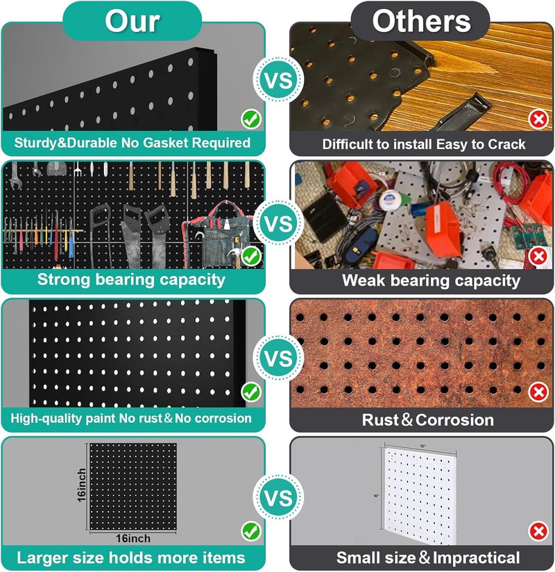 Hogurity Pegboard, 4 PCS 16”×16” Large Heavy Duty Metal Pegboard Panels with Frame Black Peg Board Display Peg Boards for Walls, Display, Garage Tool Storage, Office Organization, Craft Room, Kitchen - Image 3